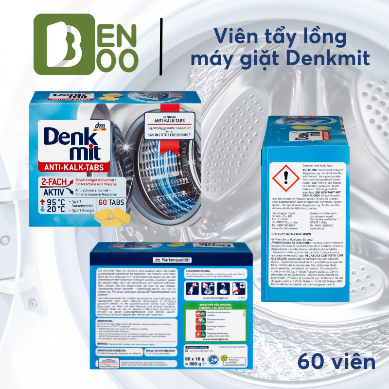 Viên Tẩy Lồng Giặt Denkmit 60 Viên Làm Sạch Lồng Giặt, Tẩy Sạch Vết Bẩn, Cặn Bẩn Trong Máy Giặt.
