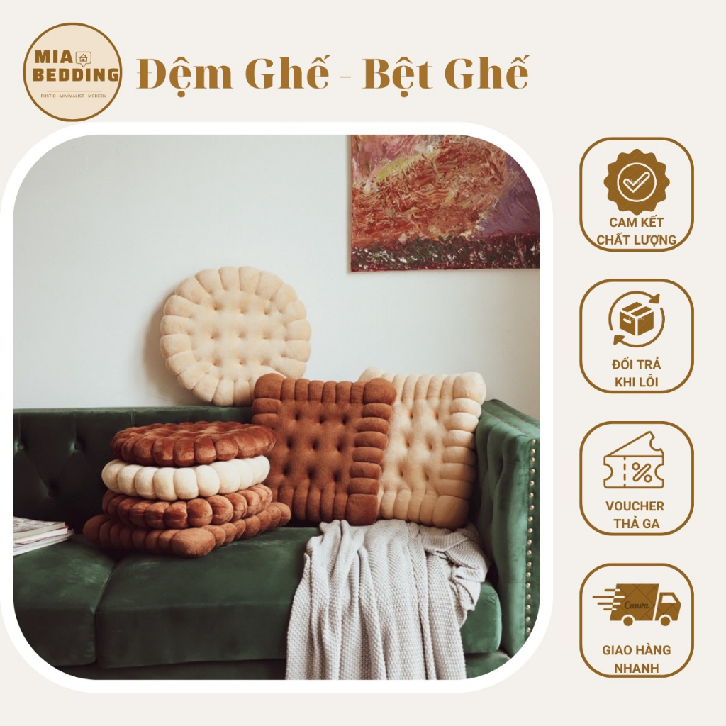Đệm Ghế, Đệm Ngồi Bệt Lót Ghế, Tựa Ghế Decor Hình Bánh Quy Vải Nỉ Nhung Êm Mềm Nhiều Kích Thước Nhập Khẩu Nguyên Chiếc