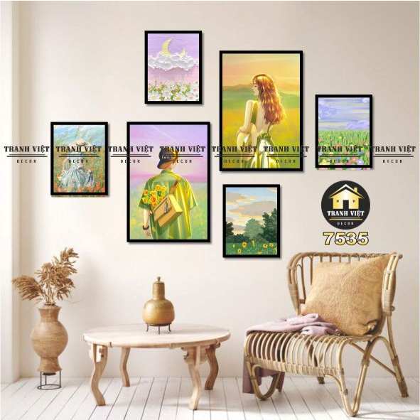 Tranh treo tường, tranh dán tường hình Gấu dâu cute, decor phòng ngủ, phòng khách, tranh việt decor