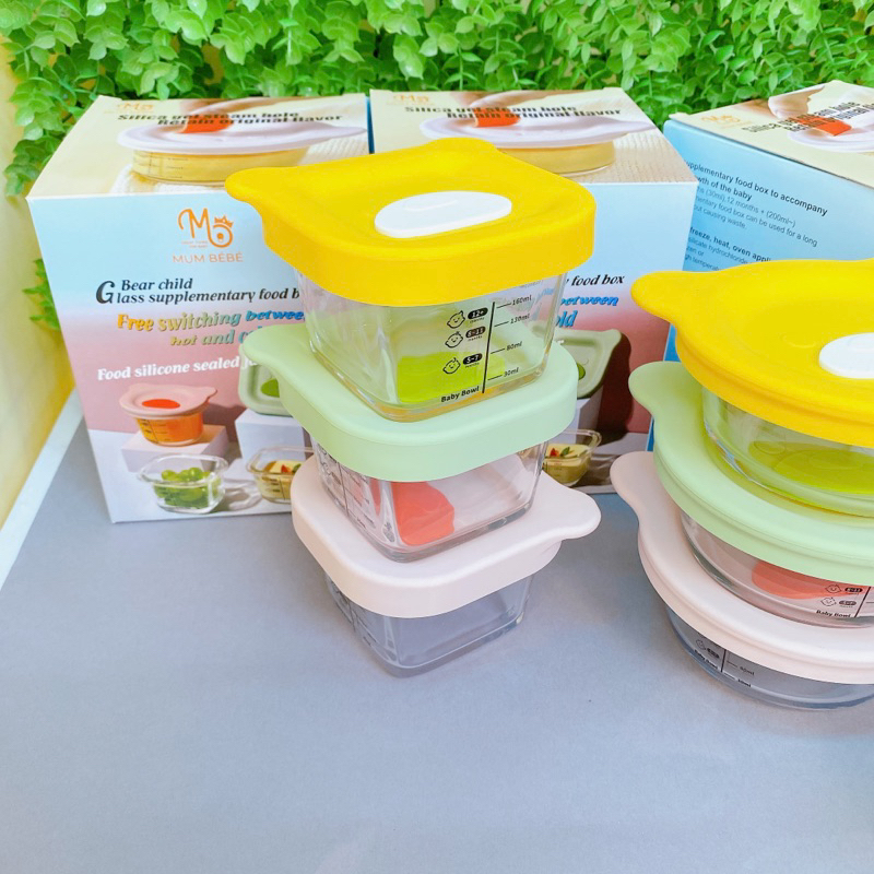 Hộp thủy tinh trữ đồ ăn dặm nắp gấu_Cốc nấu cháo cho bé có chia vạch MUM BÉBÉ
