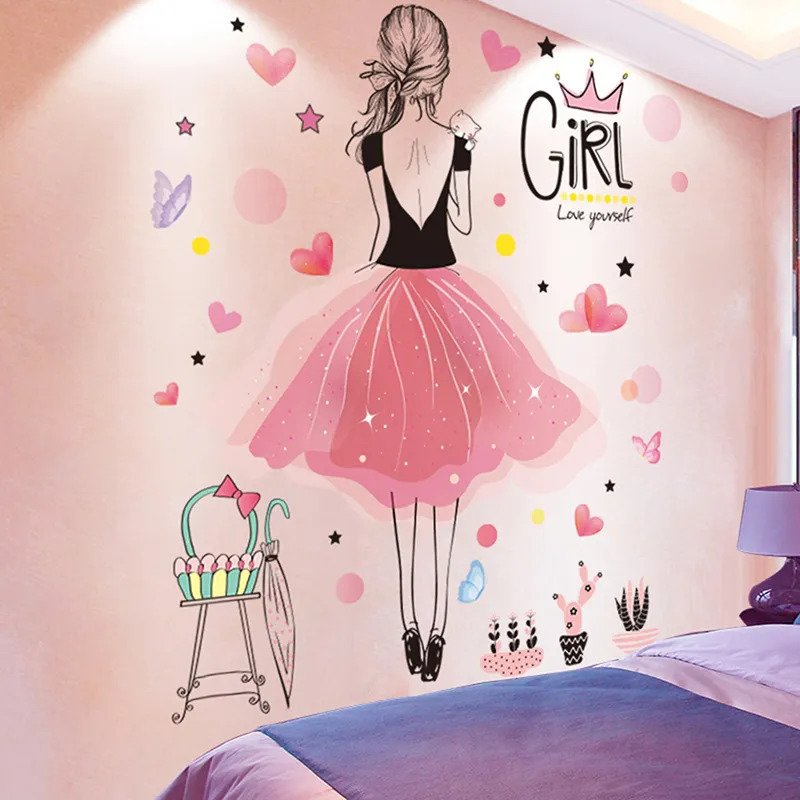 Decal dán tường họa tiết Girl váy hồng trang trí cửa phòng ngủ, phòng khách, tủ quần áo, vách kính nhà tắm Huệ Decor