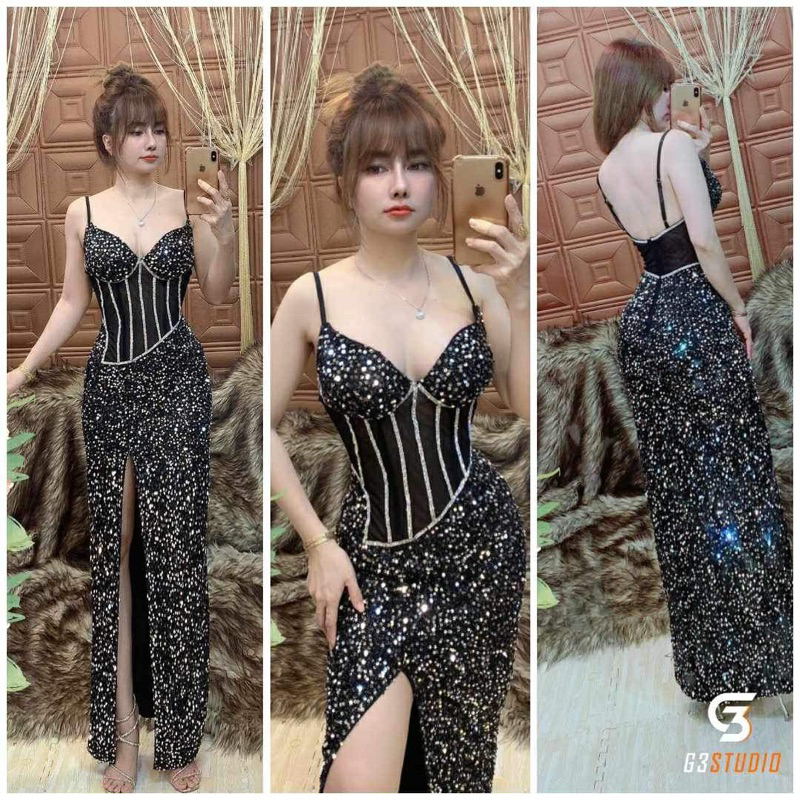 đ body kim sa hở lưng dự tiệc phối lứoi eo đính đá hình thật