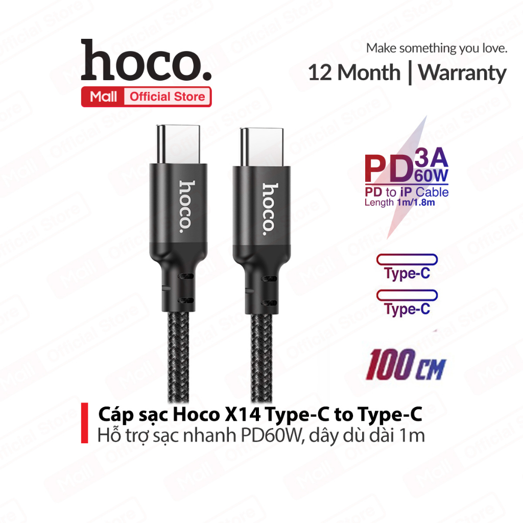 Dây sạc nhanh Type-C to Type-C Hoco X14 PD60W , hỗ trợ truyền dữ liệu , dây dù dài 1m