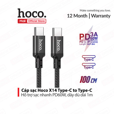 Cáp sạc nhanh Type-C to Type-C Hoco X14/X89 PD60W , hỗ trợ truyền dữ liệu , dây dù dài 1m