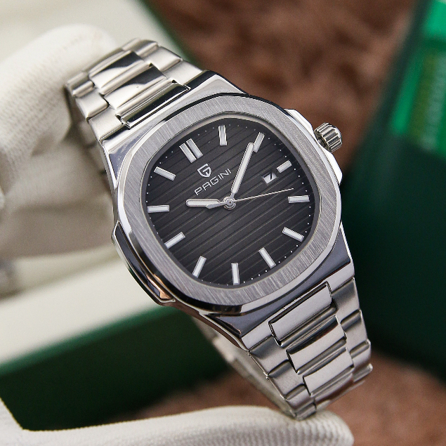 Đồng Hồ Nam Pagini Mặt Vuông - Viền Xước Phong Cách - Kim Dạ Quang, Có Lịch Ngày - Dây Đúc Đặc Cao Cấp