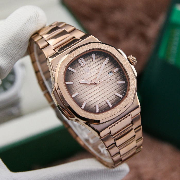 Đồng Hồ Nam Pagini Mặt Vuông - Viền Xước Phong Cách - Kim Dạ Quang, Có Lịch Ngày - Dây Đúc Đặc Cao Cấp