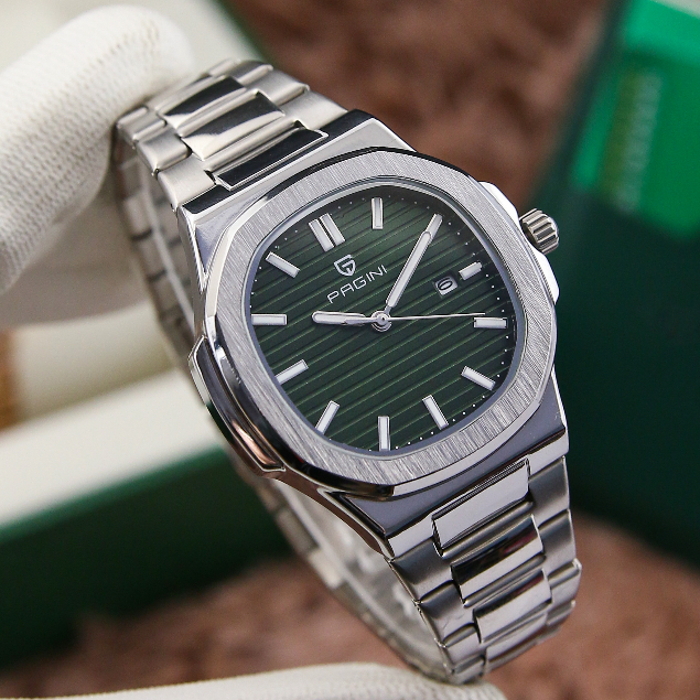 Đồng Hồ Nam Pagini Mặt Vuông - Viền Xước Phong Cách - Kim Dạ Quang, Có Lịch Ngày - Dây Đúc Đặc Cao Cấp