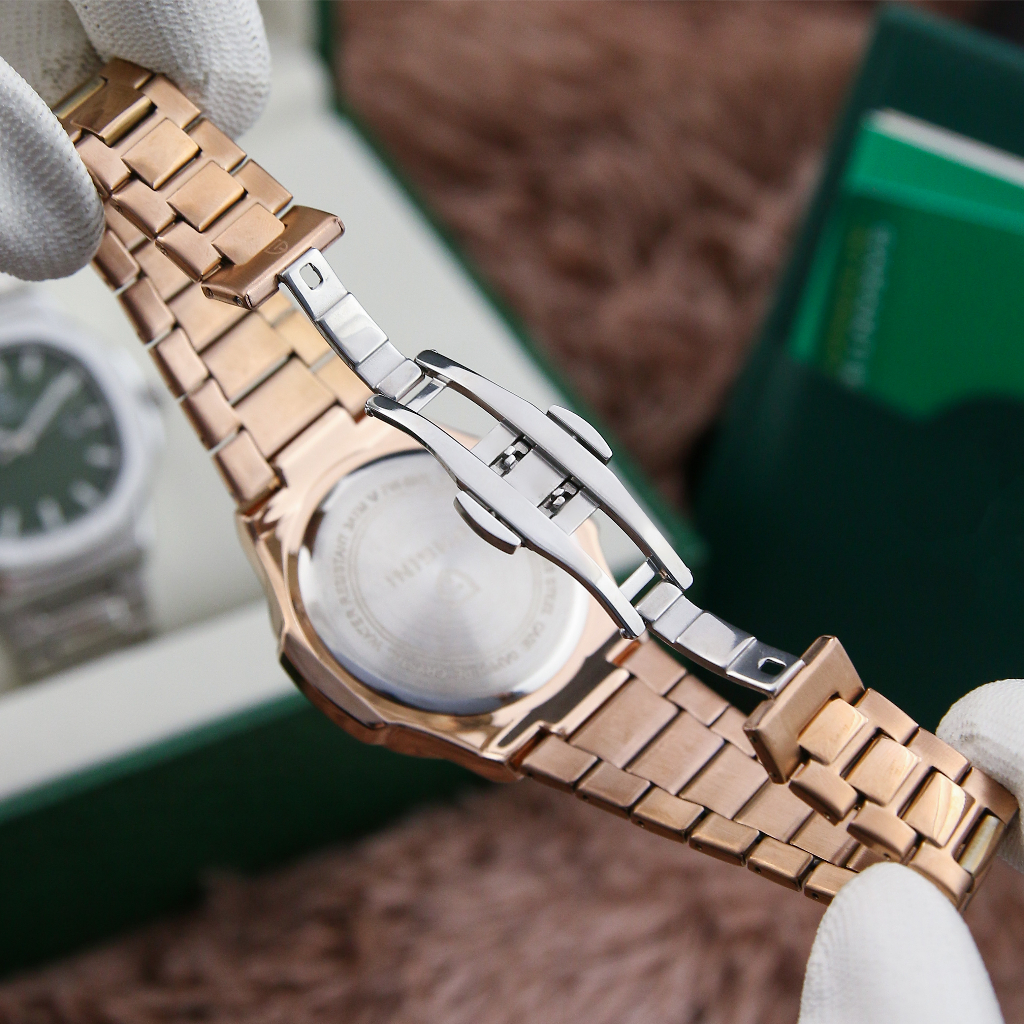 Đồng Hồ Nam Pagini Mặt Vuông - Viền Xước Phong Cách - Kim Dạ Quang, Có Lịch Ngày - Dây Đúc Đặc Cao Cấp