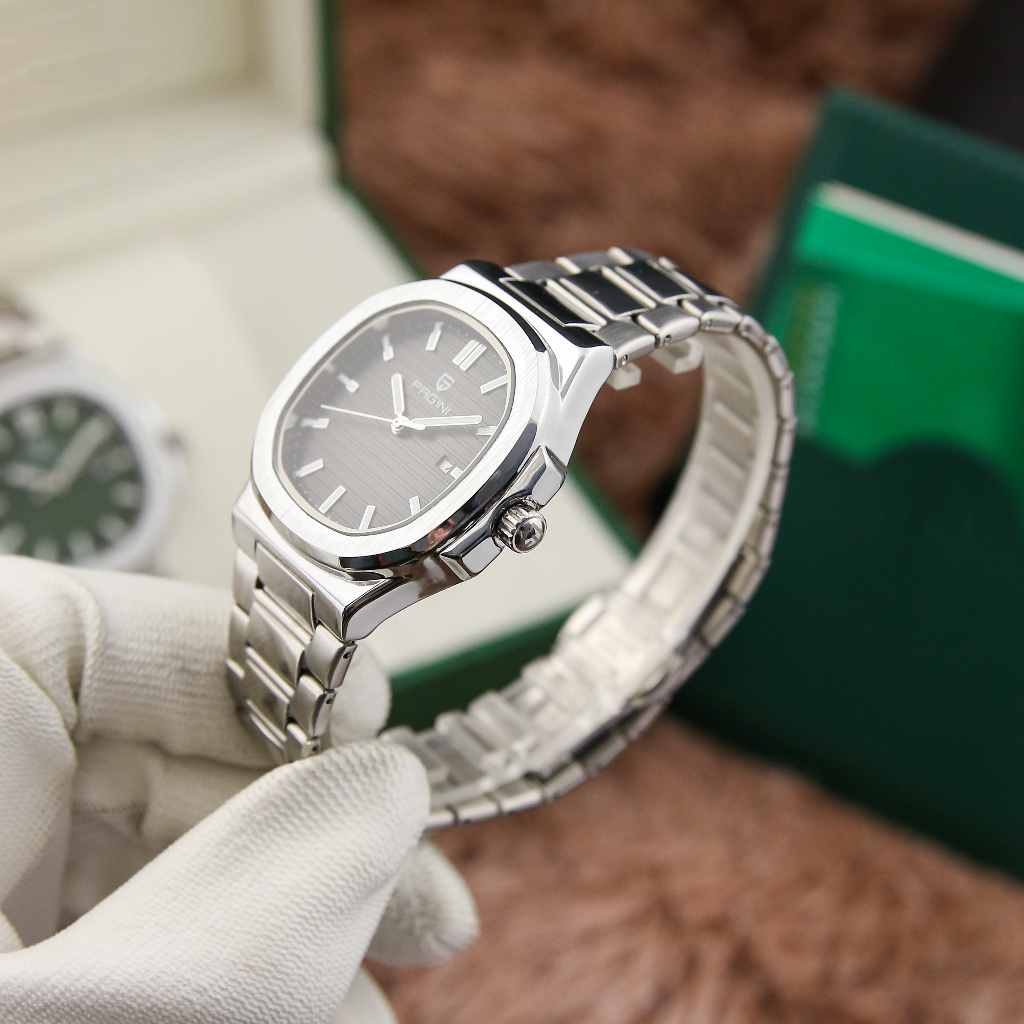 Đồng Hồ Nam Pagini Mặt Vuông - Viền Xước Phong Cách - Kim Dạ Quang, Có Lịch Ngày - Dây Đúc Đặc Cao Cấp