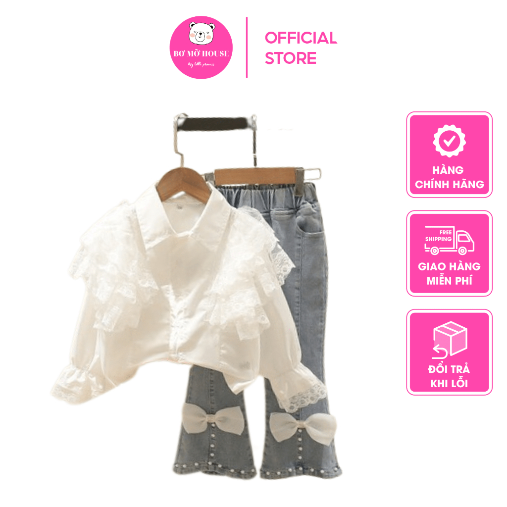 Set sơ mi phối quần jean nơ ngọc cực đẹp cho bé gái đi học đi chơi size 10-30cm BƠ MỠ HOUSE