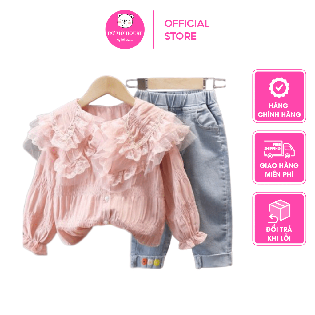 Set áo sơ mi phối quần jean cho bé gái năng động đi học đi chơi đều rất đẹp BƠ MỠ HOUSE