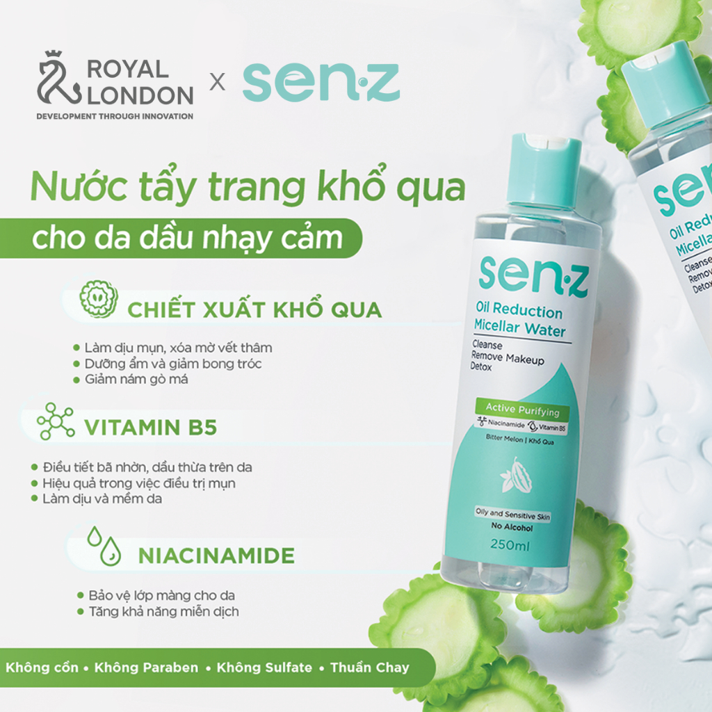 Bộ Đôi Tẩy Trang + Sữa Rửa Mặt Khổ Qua SENZ Oil Reduction Micellar Water & Cleansing Gel Cho Da Dầu 250ml + 150ml