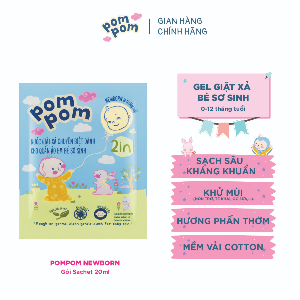 [TRỢ GIÁ] 12 GÓI Nước Giặt Em Bé 0-1 Tuổi NEWBORN 2 Trong 1 Kháng Khuẩn Thơm Dịu Nhẹ