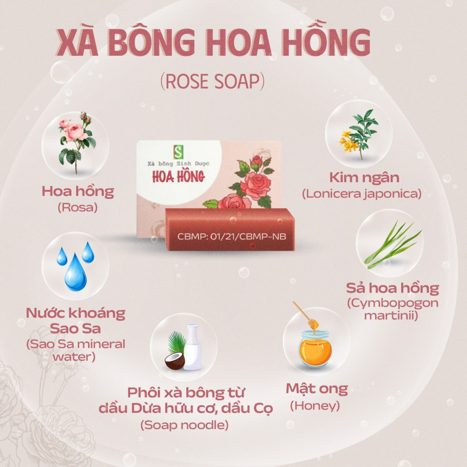 Xà bông sinh dược hoa hồng chiết xuất 100% thiên nhiên dùng rửa mặt, rửa tay, dưỡng mềm da, thư giãn