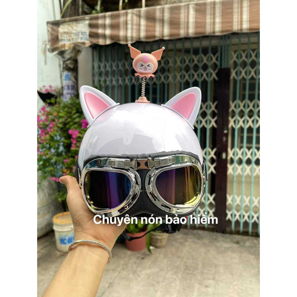 Nón bảo hiểm kèm kính phi công và tai mèo tặng +kuromi hoạt hình
