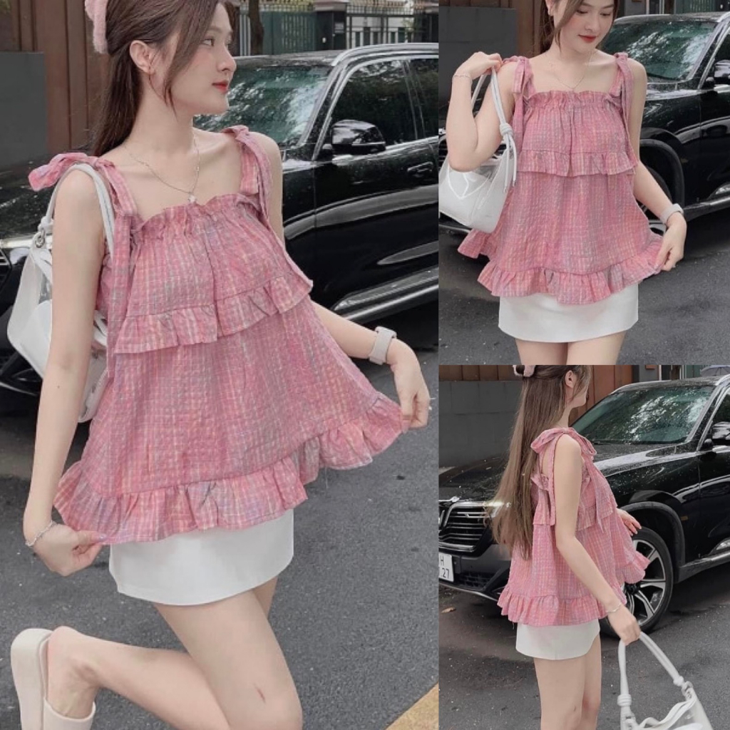 Áo hai dây nữ,áo babydoll 2 dây bánh bèo kẻ hồng thiết kế buộc nơ vai xinh xắn A33 SUTANO