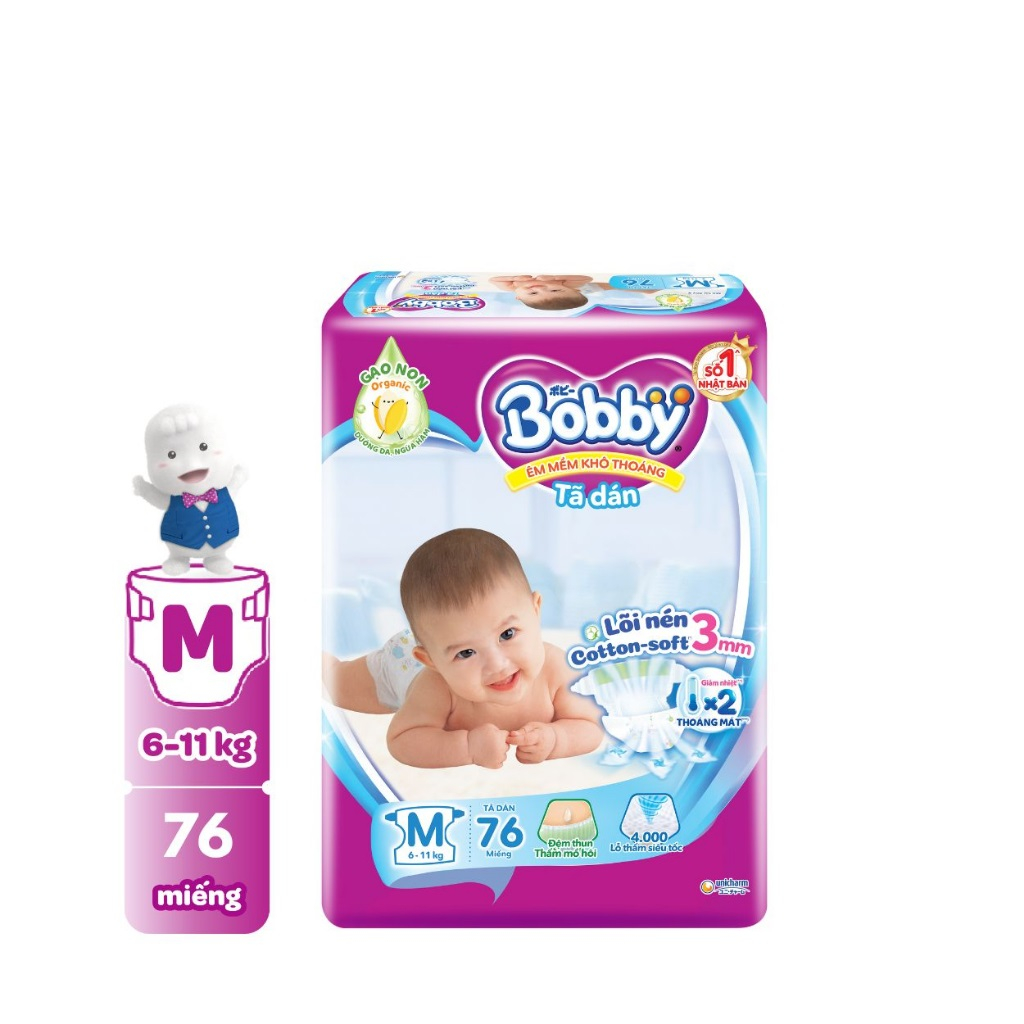 Tã/Bỉm Dán Bobby M76/L68/XL62/XXL56 (Hàng tặng kèm tùy thời điêm khuyến mãi)