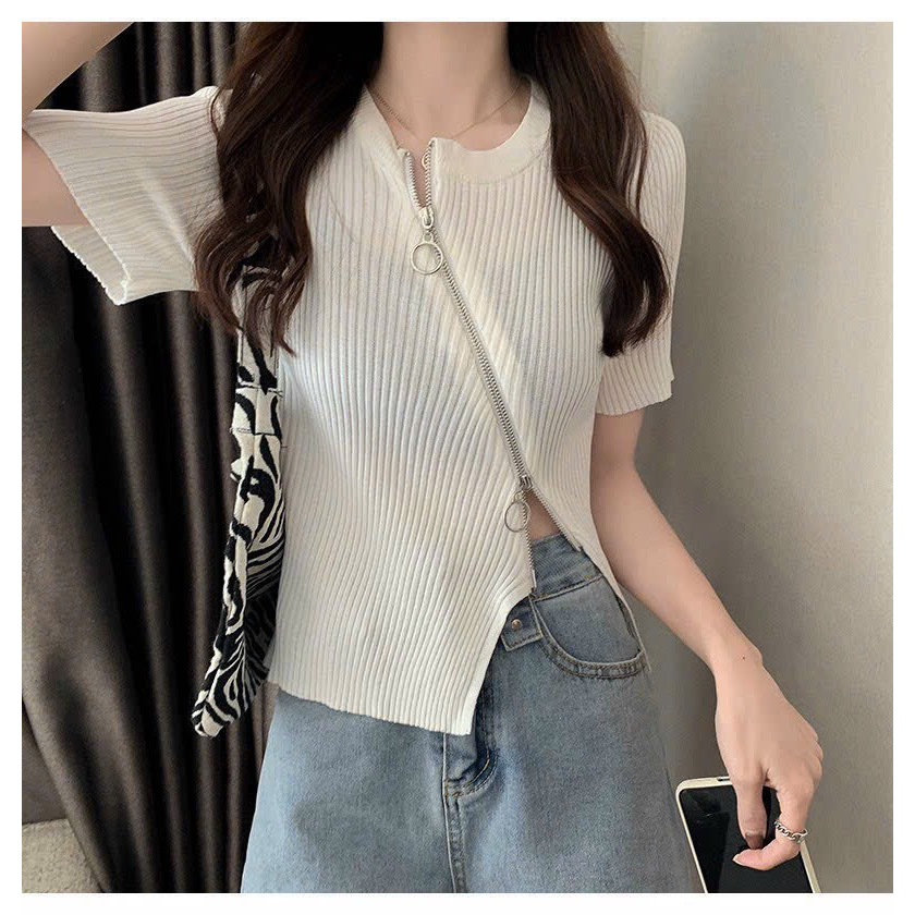 Áo Len Cộc Tay Cổ Tròn KÉO KHÓA Trẻ Trung, Cá Tính, Cho Bạn Nữ - SCXA197