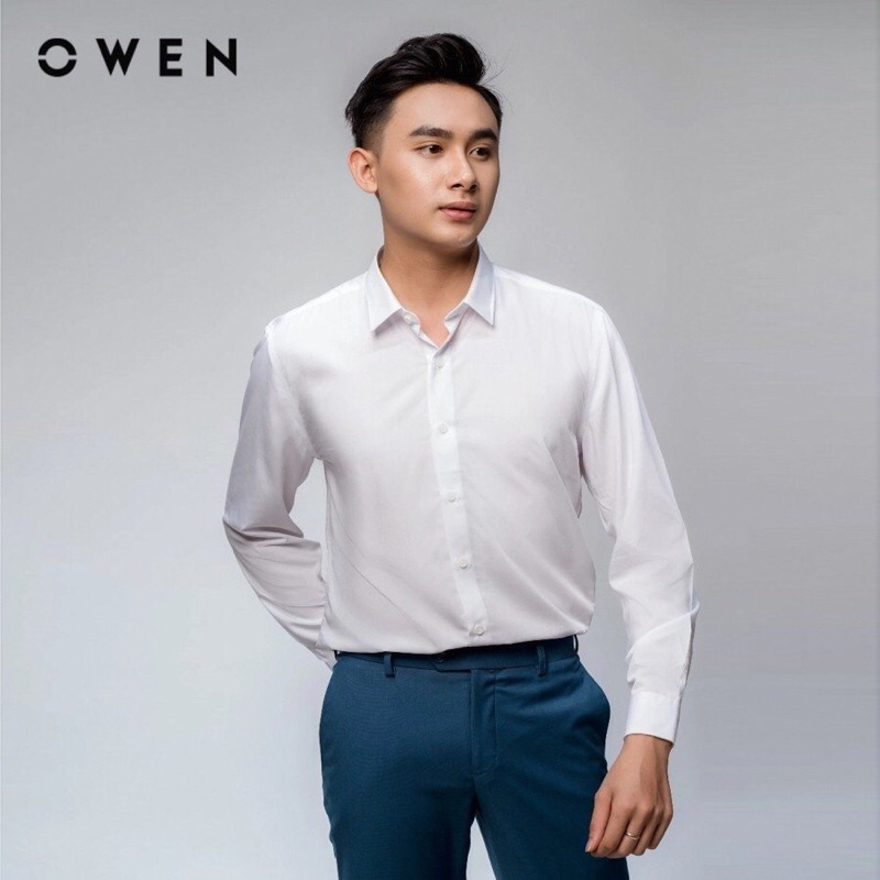 Áo sơ mi trắng owen dài tay slim fit không túi AS230335D