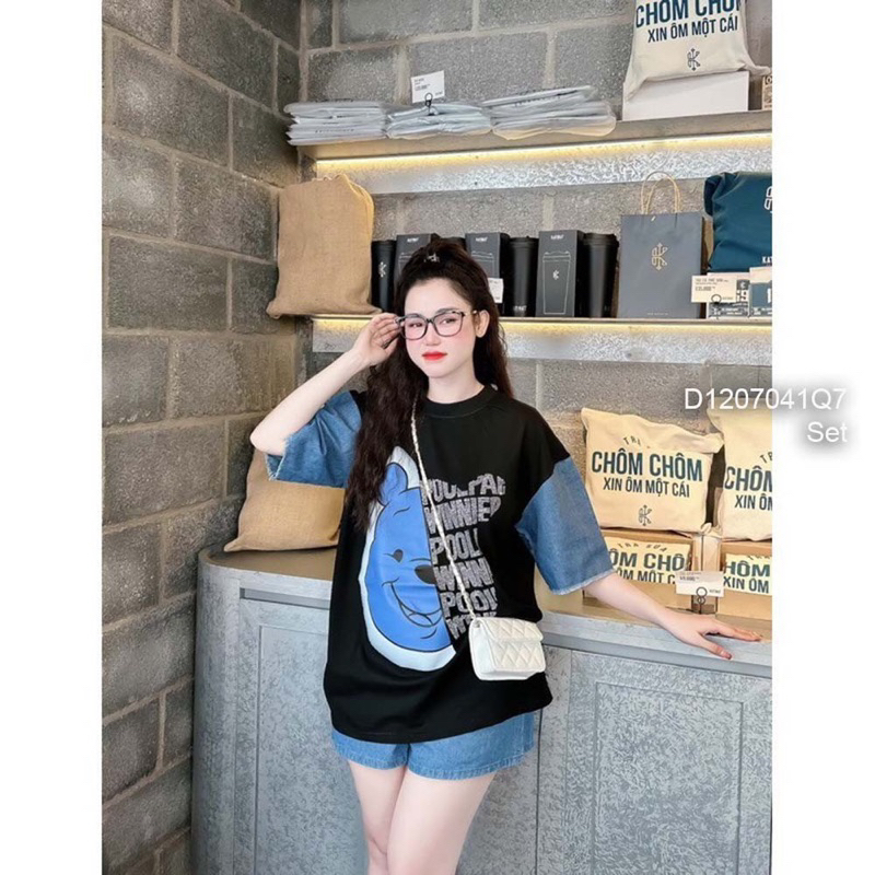 Set bộ áo thun in hình gấu tay phối jean kèm quần short cá tính VIENS STORE