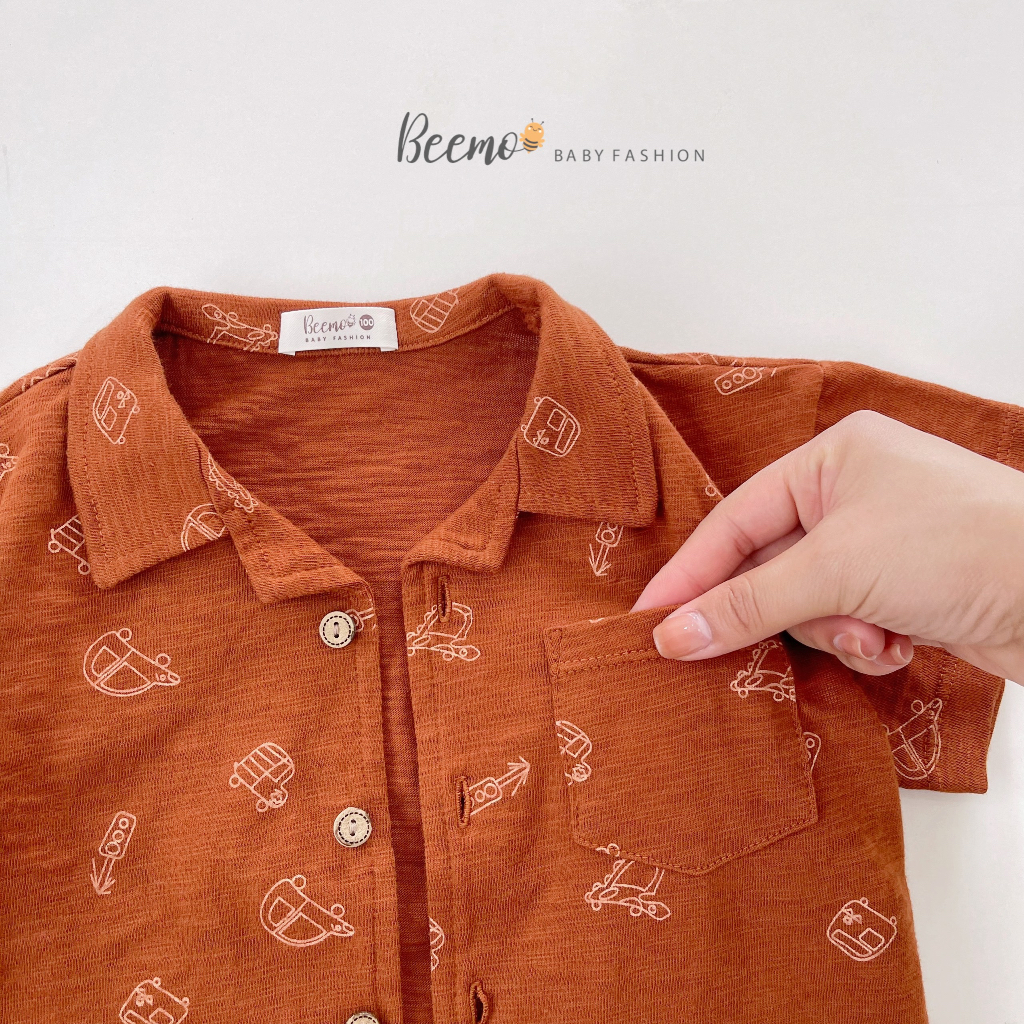 Bộ quần áo Cotton xược in ôtô cho bé trai Beemo,Thiết kế áo dáng sơ mi cổ vê,kết hợp quần Kaki mềm thấm hút mồ hôi B345