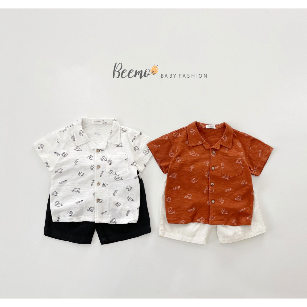Bộ quần áo Cotton xược in ôtô cho bé trai Beemo,Thiết kế áo dáng sơ mi cổ vê,kết hợp quần Kaki mềm thấm hút mồ hôi B345