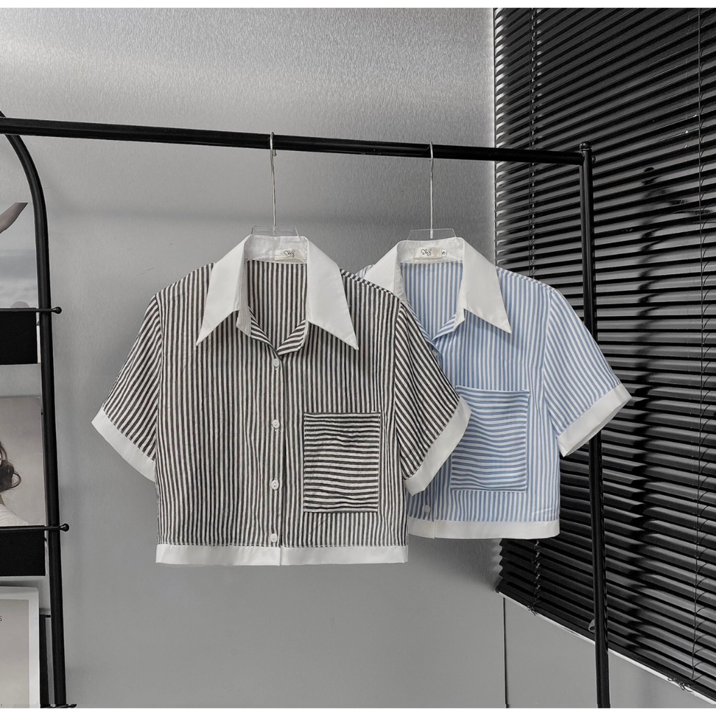 Sét váy áo croptop ngắn tay kẻ dọc mix chân váy xòe xếp ly có lót trong siêu xinh