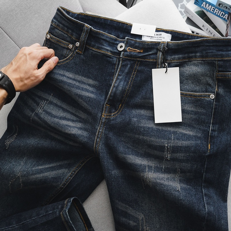 Quần jean nam ống ôm nhẹ co giãn màu xanh trơn slimfit VNXK xịn
