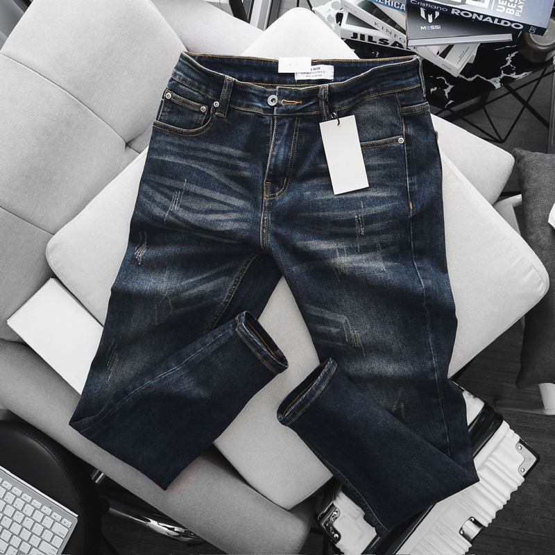 Quần jean nam ống ôm nhẹ co giãn màu xanh trơn slimfit VNXK xịn