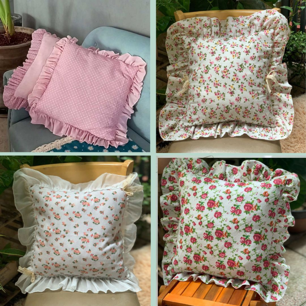 Gối tựa lưng sofa phối bèo ren bi hồng hoa nhí Nhà Xinh Decor trang trí nhà cửa phòng khách dễ thương