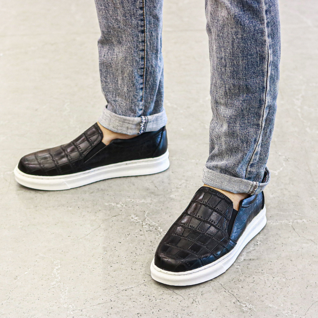 Giày Slipon Nam Giày Lười nam Da Bò đẹp Xoăn Shop D09 màu Đen