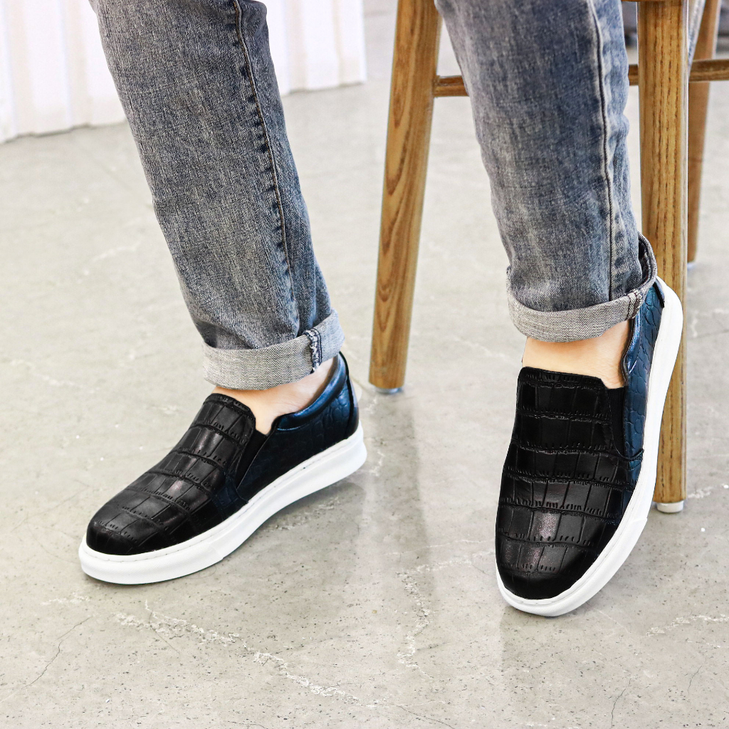 Giày Slipon Nam Giày Lười nam Da Bò đẹp Xoăn Shop D09 màu Đen