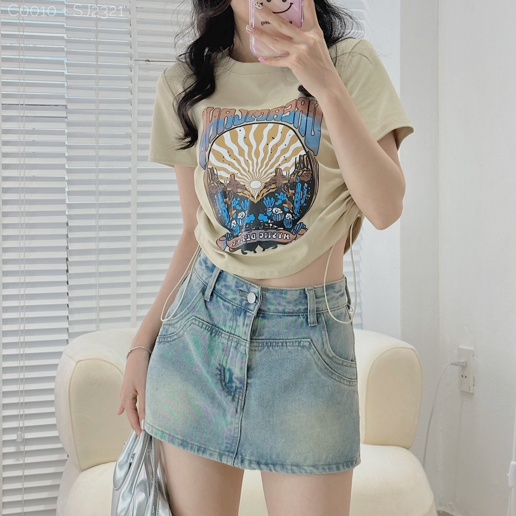 [C0010] Áo croptop phông cotton dây rút sườn DREAMLAND form vừa (Có sẵn/ảnh thật)