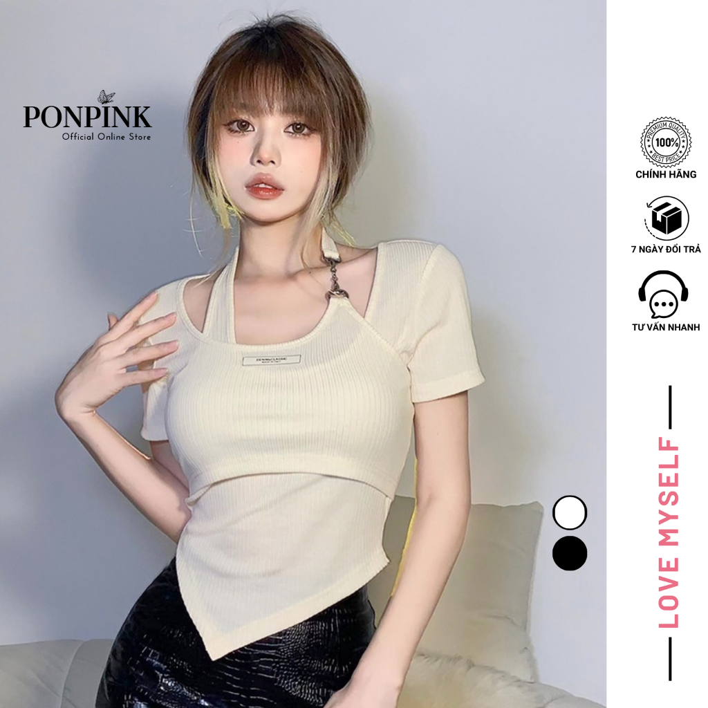 Áo croptop nữ ngắn tay có bigsize cổ giả yếm phối xích, Áo Kiểu Nữ ôm body vạt nhọn thêu logo trước ngực -C10-