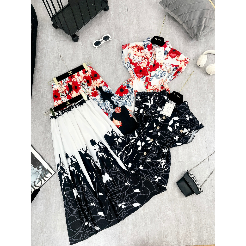SET HOA LÁ SẮC MÀU KÈM CHÂN VÁY DÀI 2 MÀU