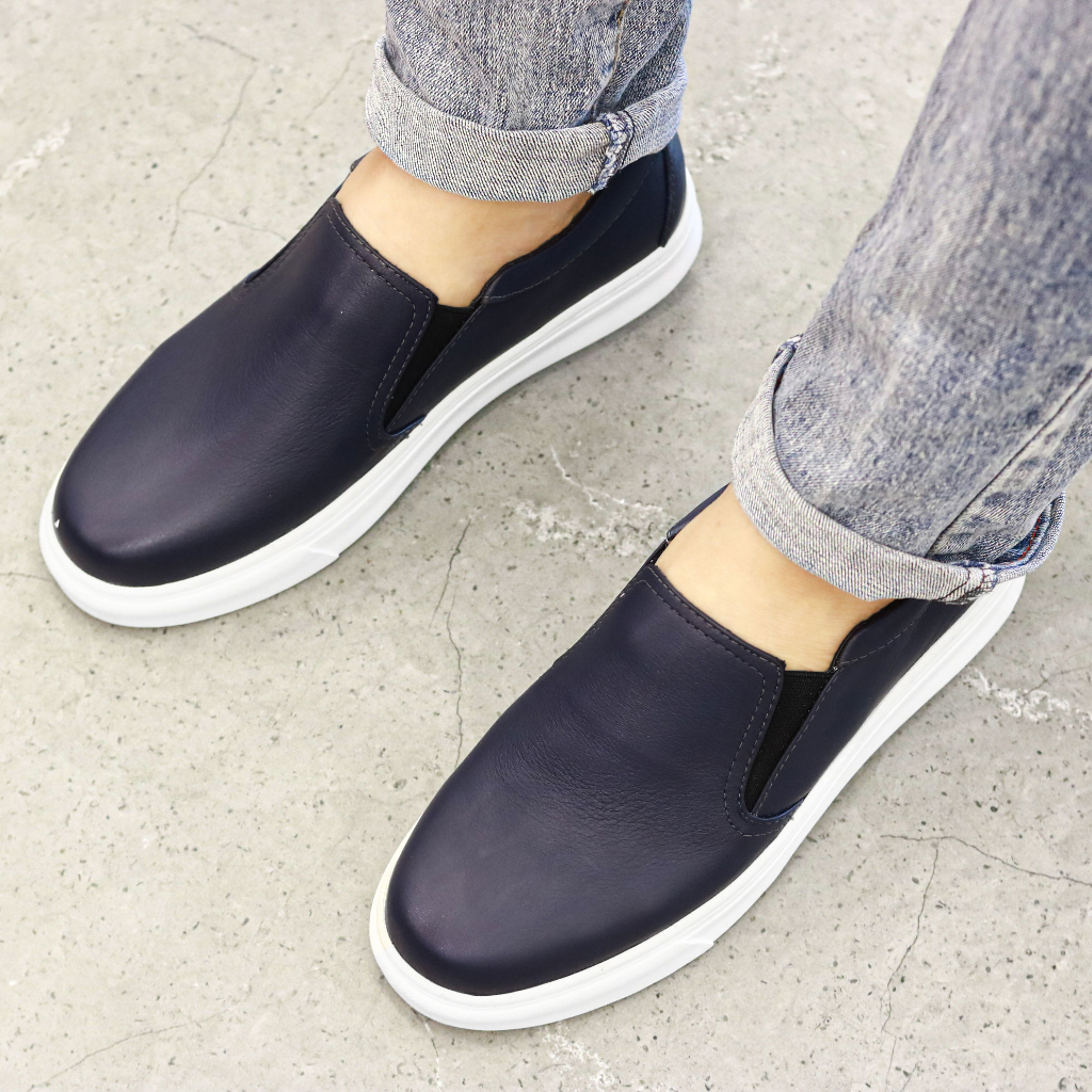 Giày Slipon Nam Giày Lười nam Da Bò đẹp Xoăn Shop D012màu Xanh navi