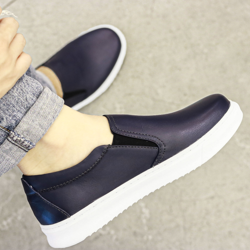 Giày Slipon Nam Giày Lười nam Da Bò đẹp Xoăn Shop D012màu Xanh navi