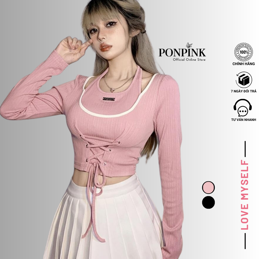 Áo croptop nữ tay dài Ponpink cổ yếm phối dây cột trước bụng tôn eo chất vải gân mát mẻ mềm mại ADT31