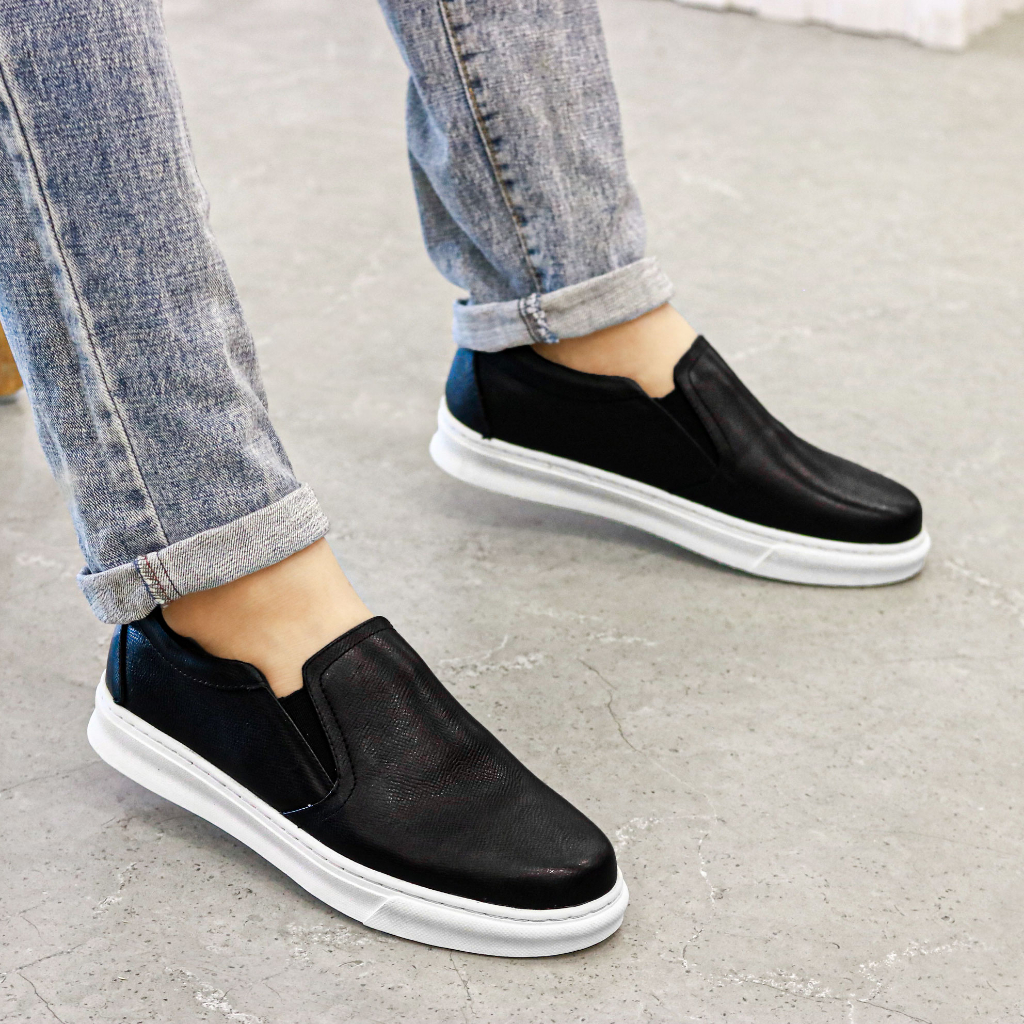 Giày Slipon Nam Giày Lười nam Da Bò đẹp Xoăn Shop D013 Đen Nhám