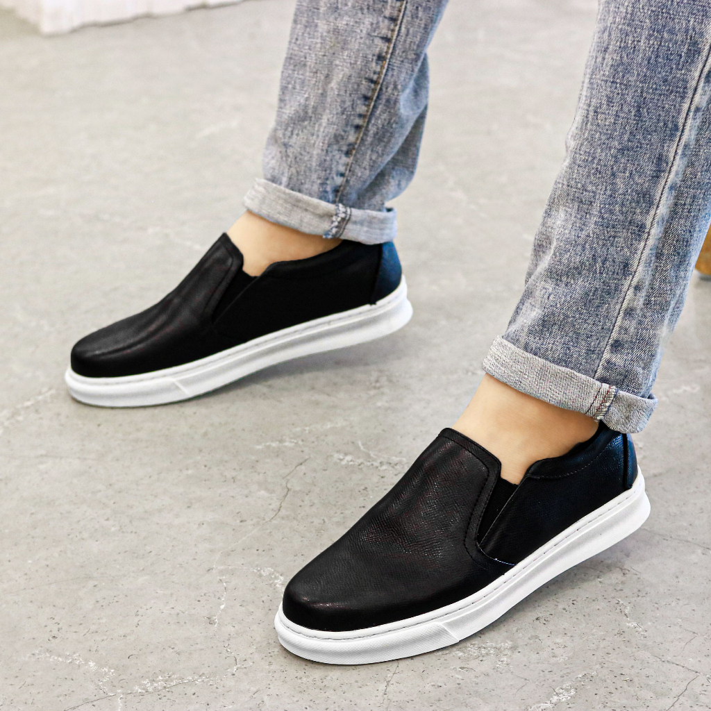 Giày Slipon Nam Giày Lười nam Da Bò đẹp Xoăn Shop D013 Đen Nhám