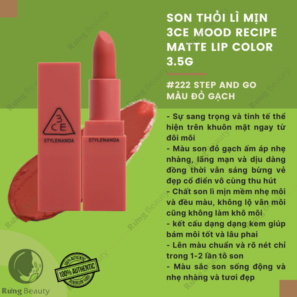 SON THỎI LÌ MỊN 3CE MOOD RECIPE MATTE LIP COLOR 3.5G 222 STEP AND GO