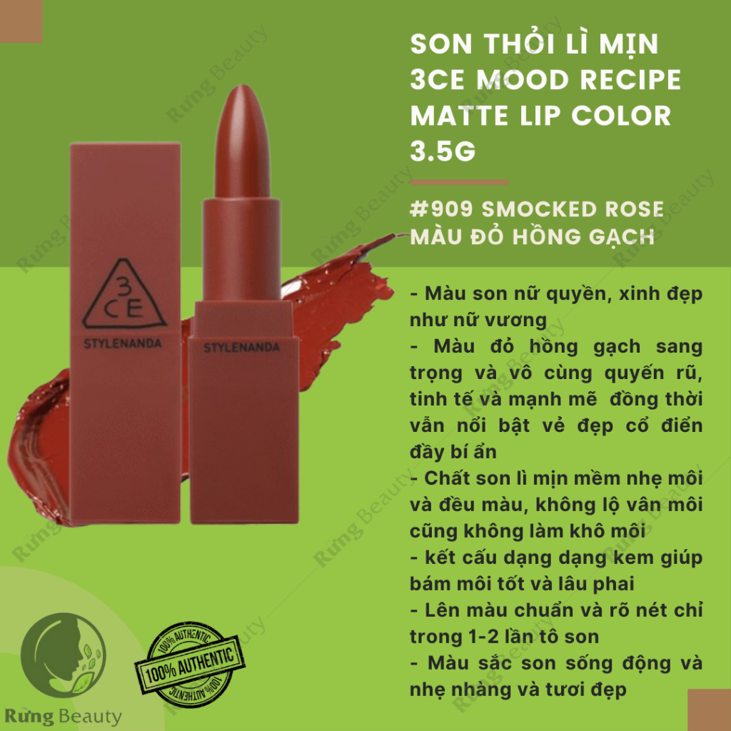 SON THỎI LÌ MỊN 3CE MOOD RECIPE MATTE LIP COLOR 3.5G 909 Smoke Rose