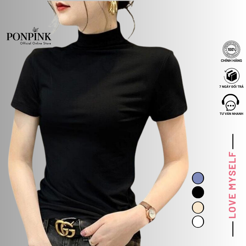 Áo thun nữ cổ lọ ngắn tay Ponpink form baby teen ôm body chất vải borip mềm mịn co giãn tốt thoáng khí mặc mát C37