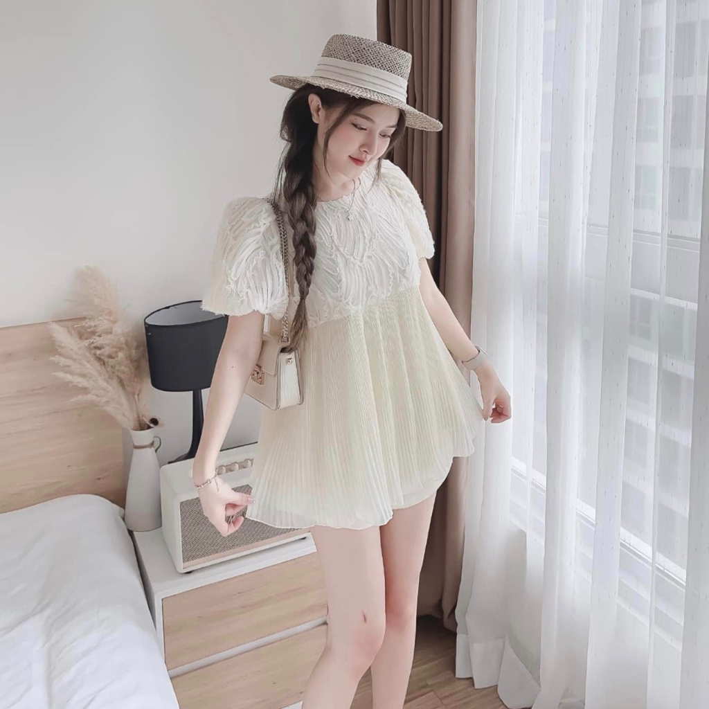 Set áo nude dập ly dáng suông baby doll kèm quần short Freeesize, set đồ giấu bụng Rossy Fashion - SR205