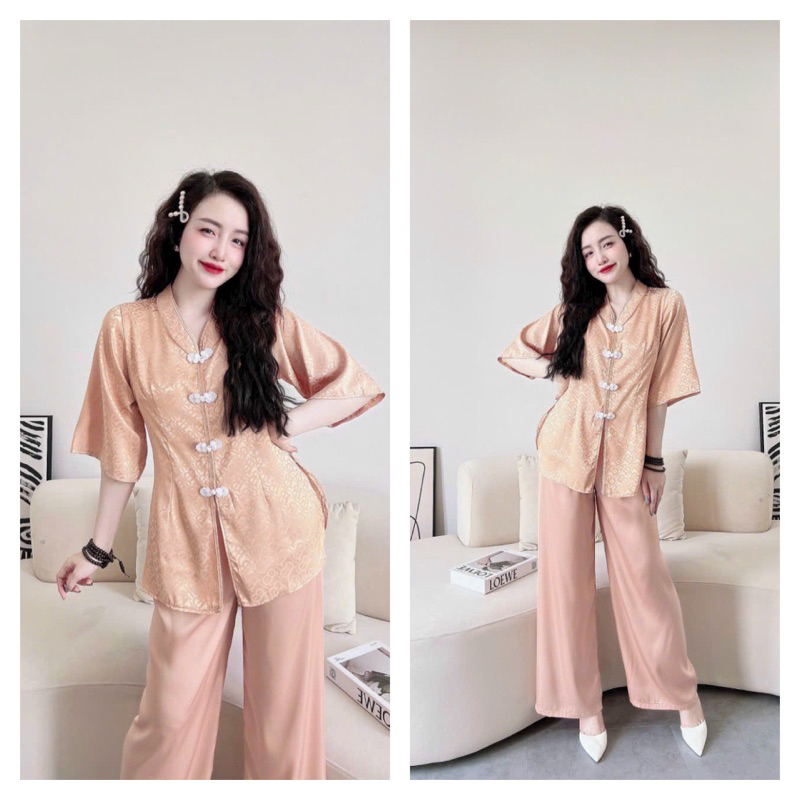 Bộ Đồ Lam Trúc My nút tàu, áo gấm quần latin, Freesize 40-62kg, tùy chiều cao