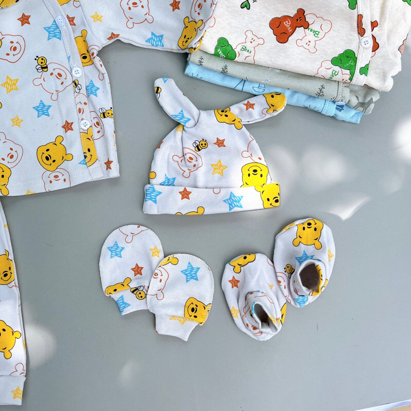 Set mũ, bao tay, tất chân cho bé sơ sinh thun cotton xuất xin - đẹp, giao màu ngẫu nhiên