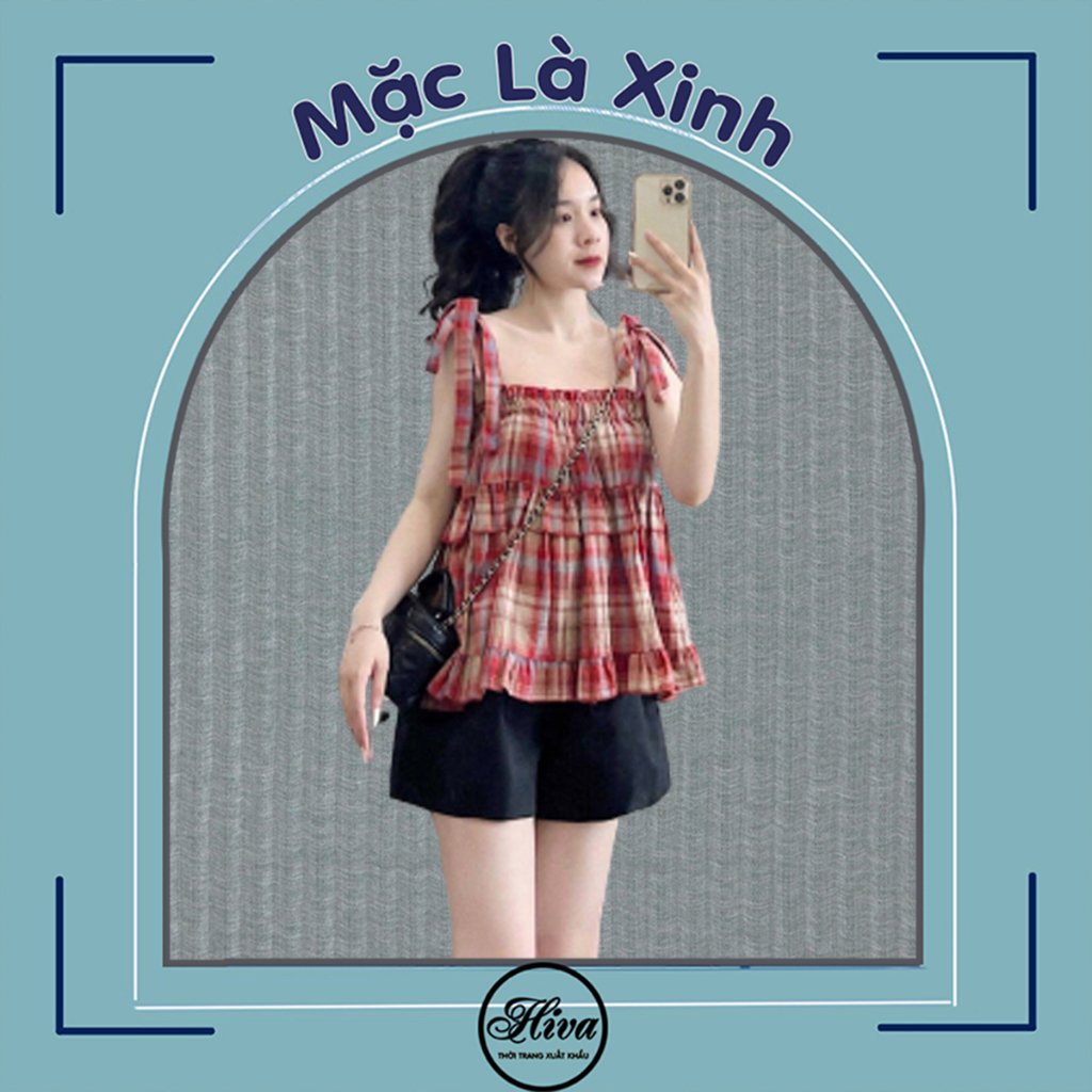 Áo 2 dây babydoll kẻ đỏ foộng ulzzang thắt nơ cách điệu new style kiểu sơ mi nữ thiết kế đu ido BackPink