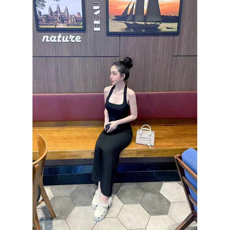 Set áo yếm croptop chân váy dài gân tăm - Bộ áo yếm kèm váy