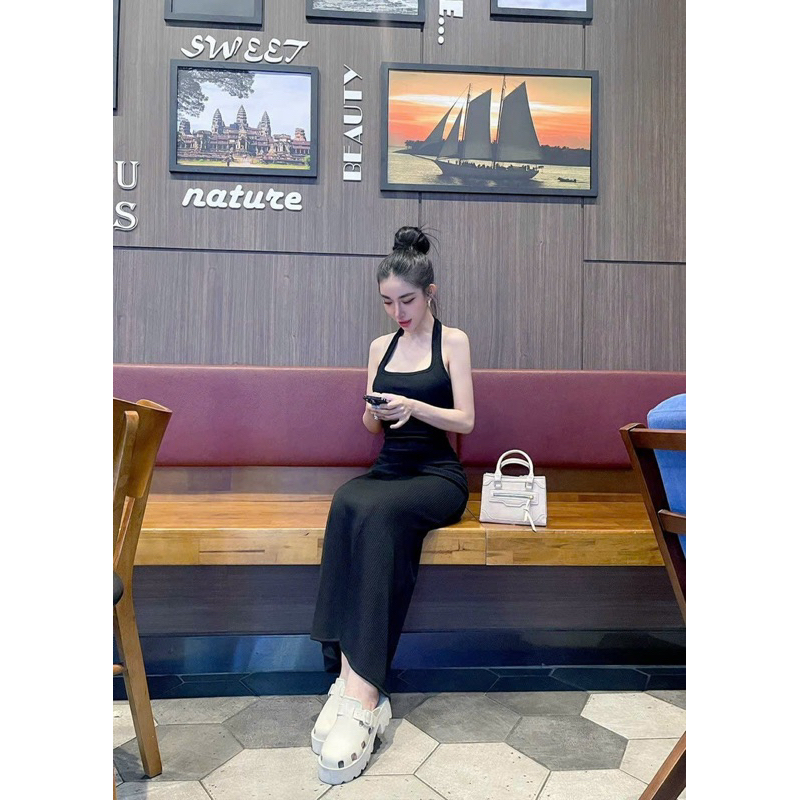 Set áo yếm croptop chân váy dài gân tăm - Bộ áo yếm kèm váy