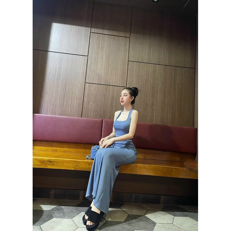 Set áo yếm croptop chân váy dài gân tăm - Bộ áo yếm kèm váy